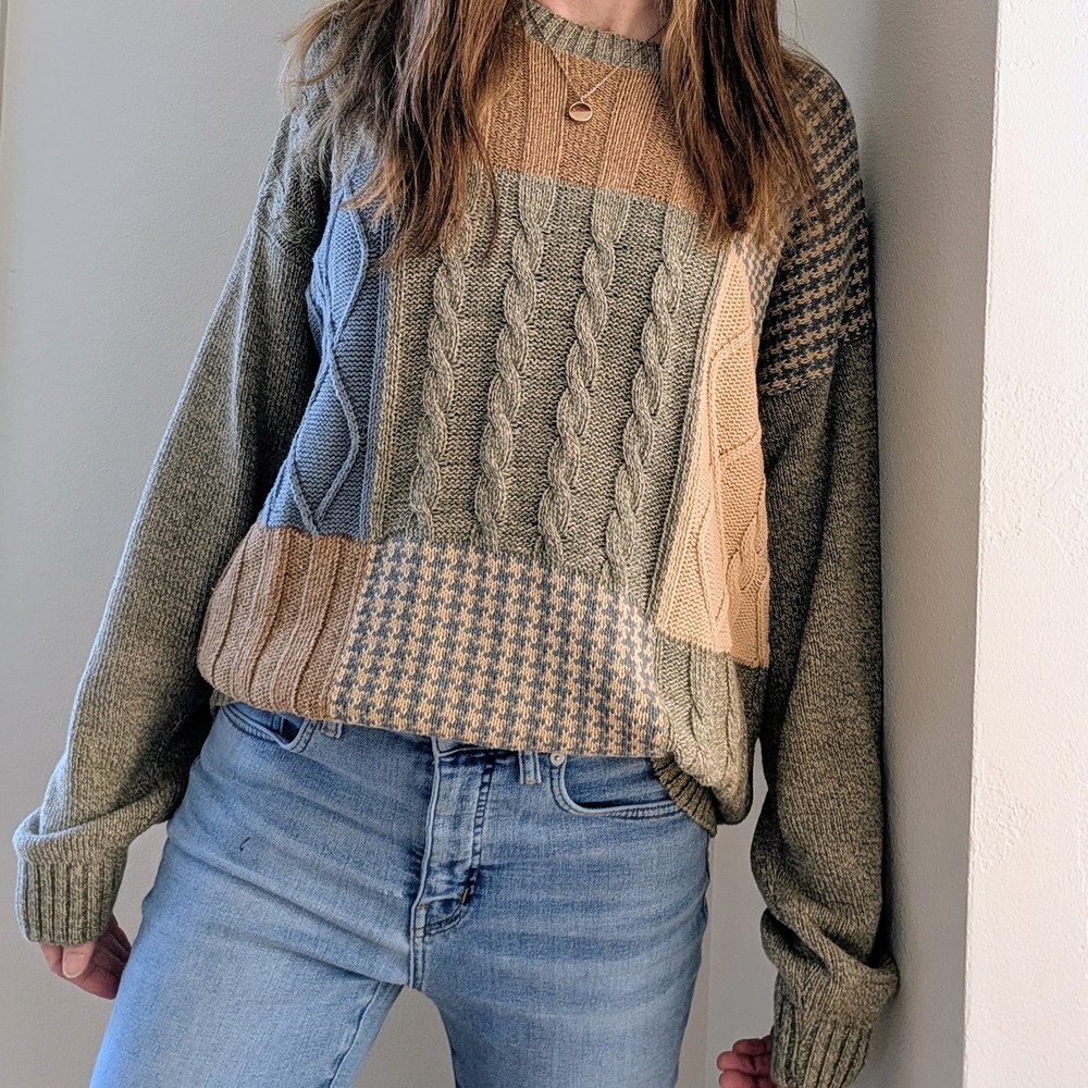 Vintage Patchwork Houndstooth Cable Knit Crewneck… - image 1